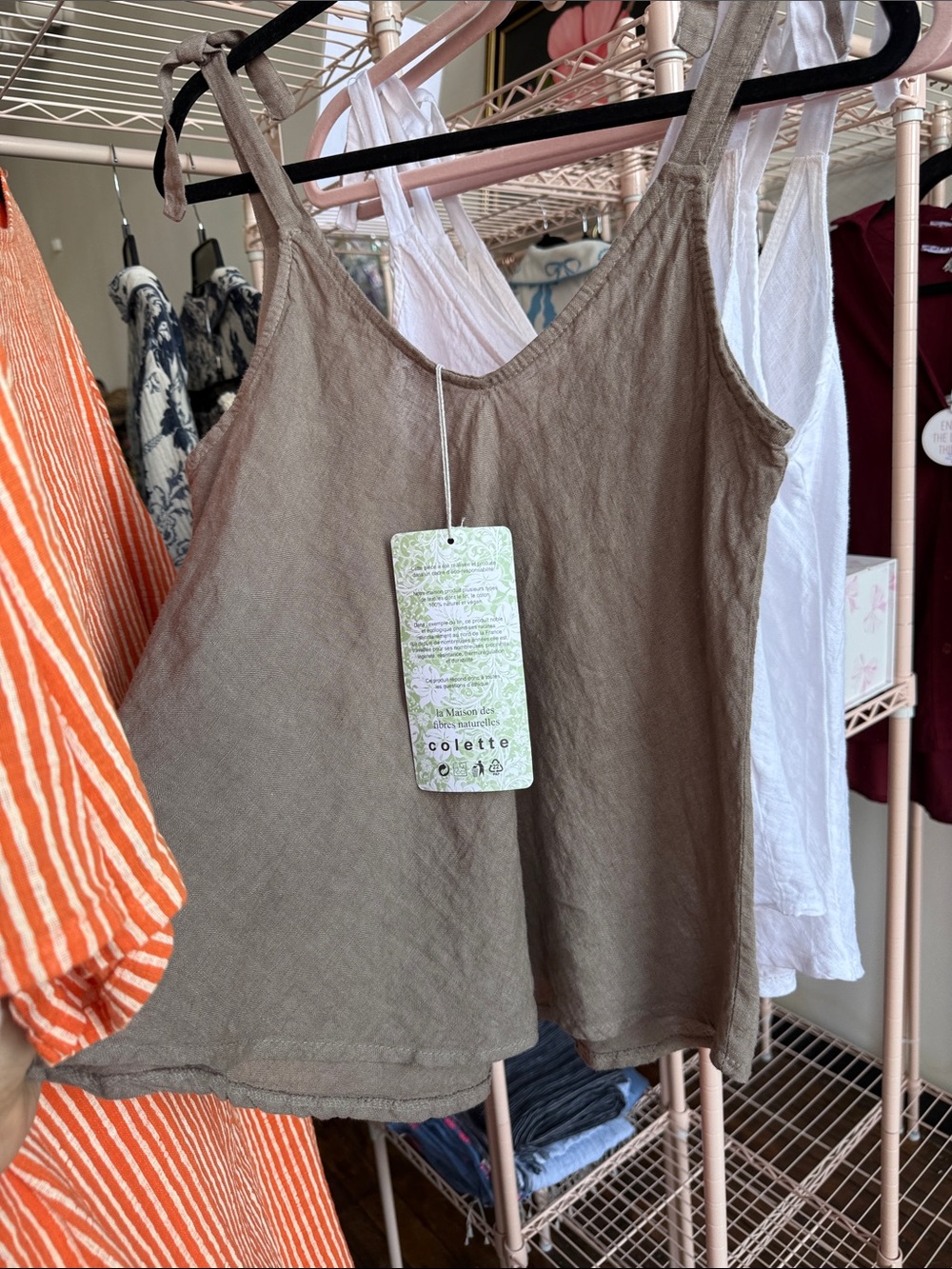 Women's 100% Italian Linen V-Neck Tank Top in Taupe